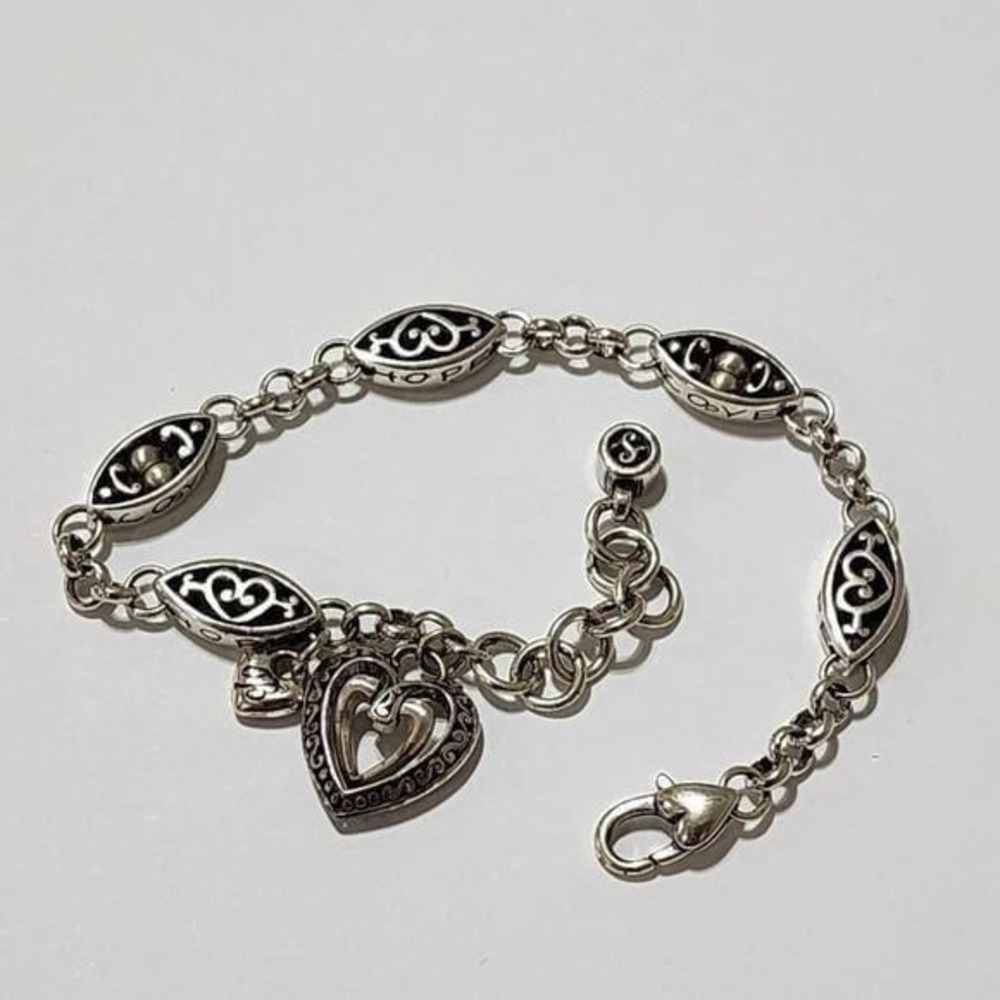 Brighton Ellington Silver Pl Bracelet with Hope‎ Love Heart Charm Toggle Clasp